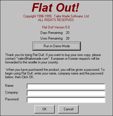 Flat Out! registration dialog box